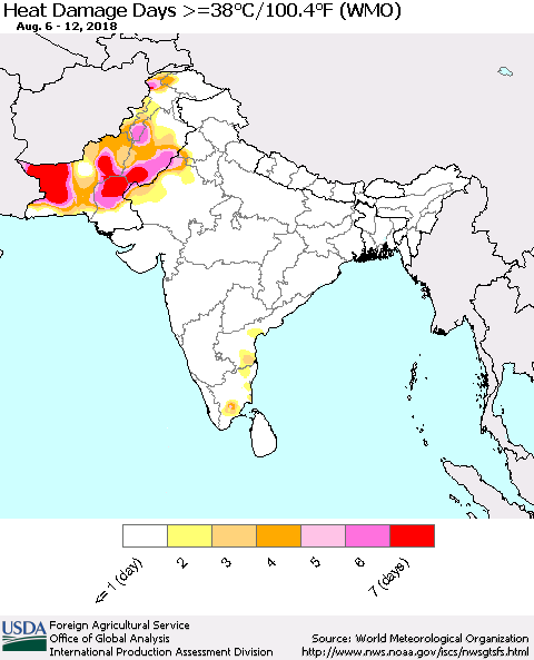Southern Asia Heat Damage Days >=38°C/100°F (WMO) Thematic Map For 8/6/2018 - 8/12/2018