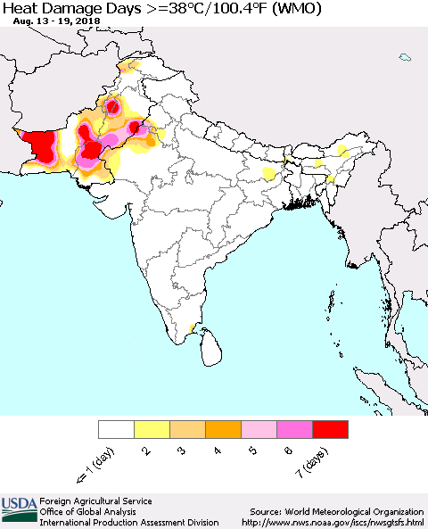 Southern Asia Heat Damage Days >=38°C/100°F (WMO) Thematic Map For 8/13/2018 - 8/19/2018