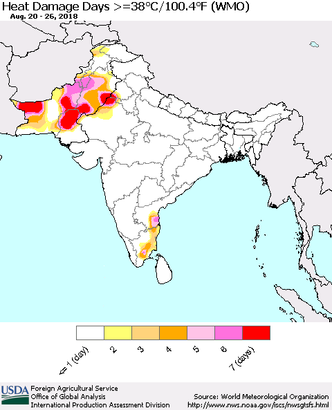 Southern Asia Heat Damage Days >=38°C/100°F (WMO) Thematic Map For 8/20/2018 - 8/26/2018