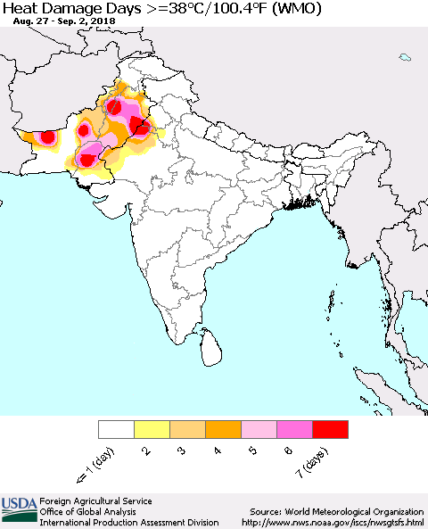 Southern Asia Heat Damage Days >=38°C/100°F (WMO) Thematic Map For 8/27/2018 - 9/2/2018