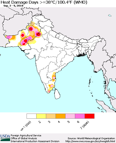 Southern Asia Heat Damage Days >=38°C/100°F (WMO) Thematic Map For 9/3/2018 - 9/9/2018