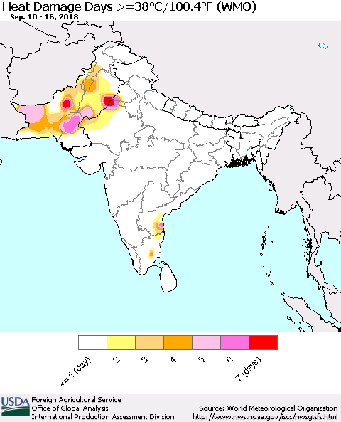 Southern Asia Heat Damage Days >=38°C/100°F (WMO) Thematic Map For 9/10/2018 - 9/16/2018