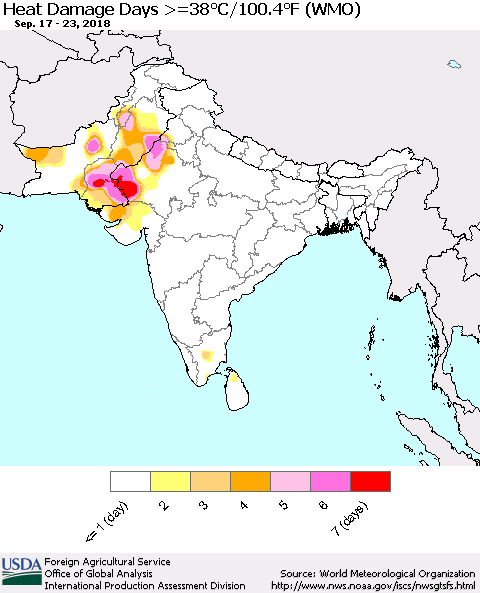 Southern Asia Heat Damage Days >=38°C/100°F (WMO) Thematic Map For 9/17/2018 - 9/23/2018