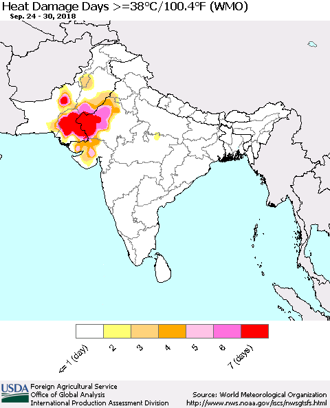 Southern Asia Heat Damage Days >=38°C/100°F (WMO) Thematic Map For 9/24/2018 - 9/30/2018