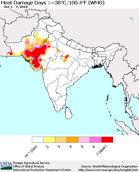 Southern Asia Heat Damage Days >=38°C/100°F (WMO) Thematic Map For 10/1/2018 - 10/7/2018
