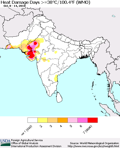 Southern Asia Heat Damage Days >=38°C/100°F (WMO) Thematic Map For 10/8/2018 - 10/14/2018
