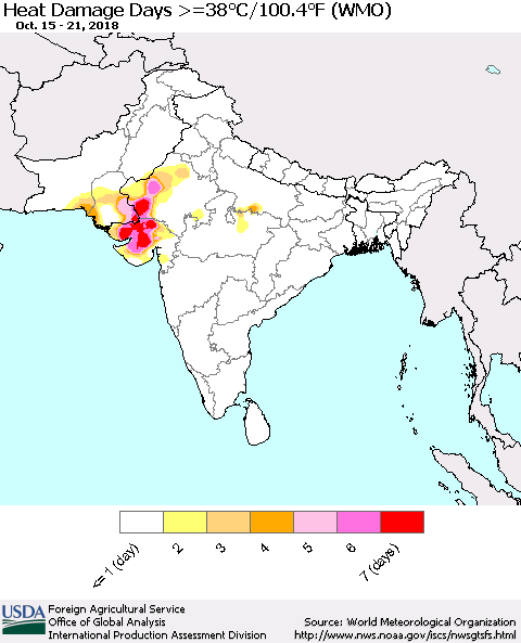 Southern Asia Heat Damage Days >=38°C/100°F (WMO) Thematic Map For 10/15/2018 - 10/21/2018