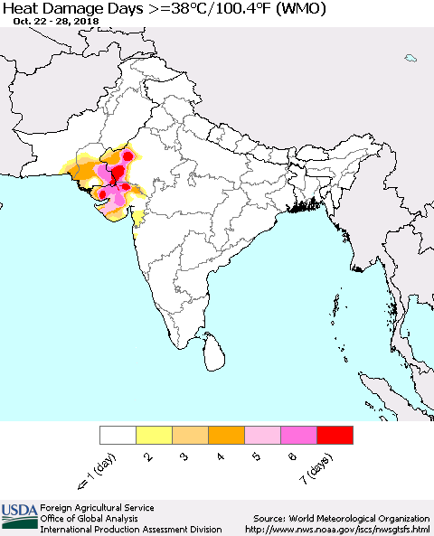 Southern Asia Heat Damage Days >=38°C/100°F (WMO) Thematic Map For 10/22/2018 - 10/28/2018