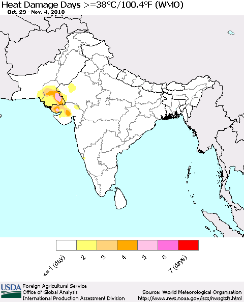 Southern Asia Heat Damage Days >=38°C/100°F (WMO) Thematic Map For 10/29/2018 - 11/4/2018
