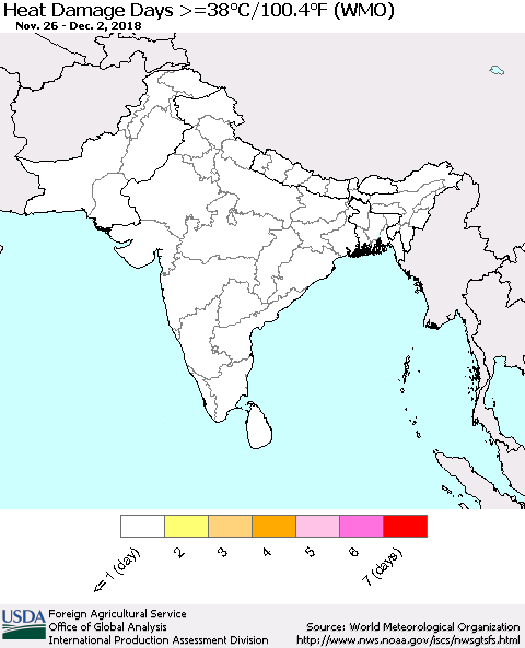 Southern Asia Heat Damage Days >=38°C/100°F (WMO) Thematic Map For 11/26/2018 - 12/2/2018