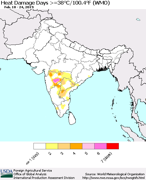 Southern Asia Heat Damage Days >=38°C/100°F (WMO) Thematic Map For 2/18/2019 - 2/24/2019