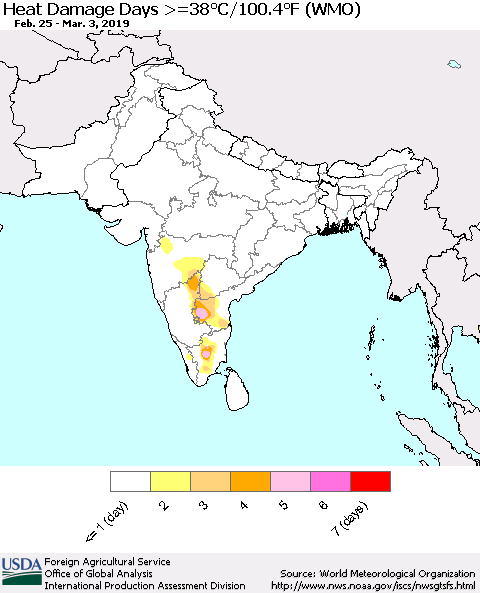 Southern Asia Heat Damage Days >=38°C/100°F (WMO) Thematic Map For 2/25/2019 - 3/3/2019