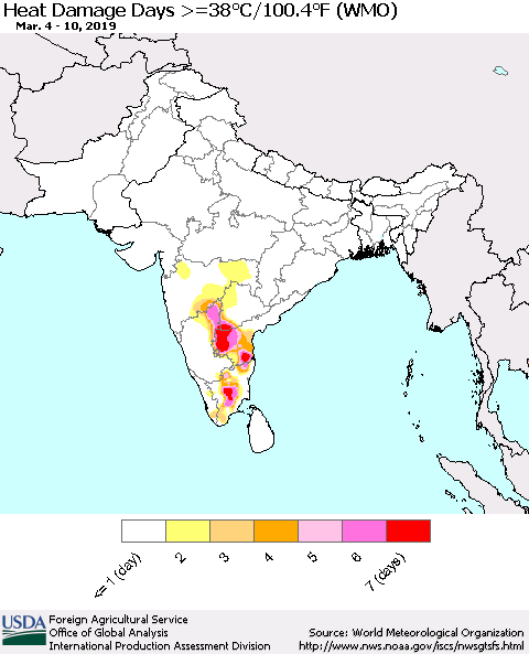 Southern Asia Heat Damage Days >=38°C/100°F (WMO) Thematic Map For 3/4/2019 - 3/10/2019