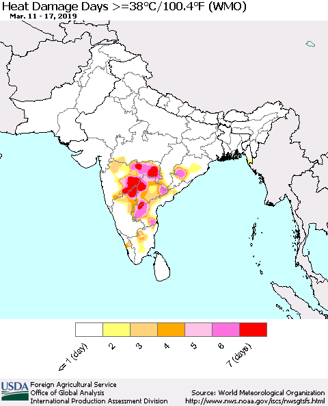 Southern Asia Heat Damage Days >=38°C/100°F (WMO) Thematic Map For 3/11/2019 - 3/17/2019
