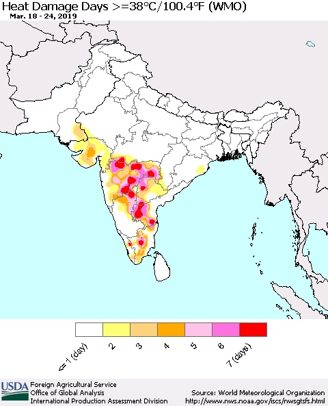 Southern Asia Heat Damage Days >=38°C/100°F (WMO) Thematic Map For 3/18/2019 - 3/24/2019