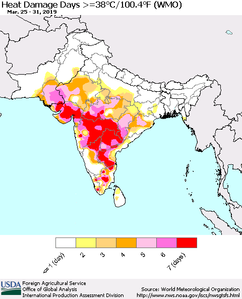 Southern Asia Heat Damage Days >=38°C/100°F (WMO) Thematic Map For 3/25/2019 - 3/31/2019