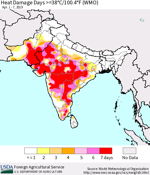 Southern Asia Heat Damage Days >=38°C/100°F (WMO) Thematic Map For 4/1/2019 - 4/7/2019
