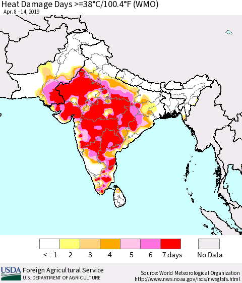 Southern Asia Heat Damage Days >=38°C/100°F (WMO) Thematic Map For 4/8/2019 - 4/14/2019