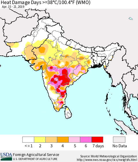 Southern Asia Heat Damage Days >=38°C/100°F (WMO) Thematic Map For 4/15/2019 - 4/21/2019