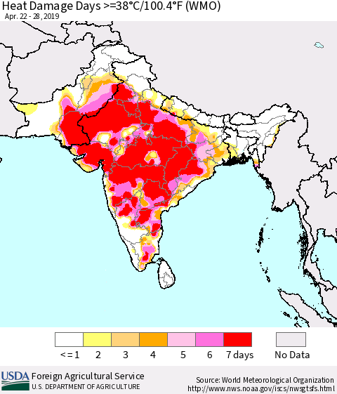 Southern Asia Heat Damage Days >=38°C/100°F (WMO) Thematic Map For 4/22/2019 - 4/28/2019