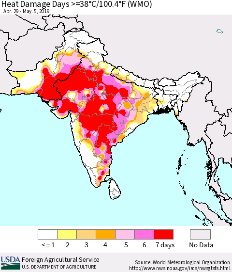 Southern Asia Heat Damage Days >=38°C/100°F (WMO) Thematic Map For 4/29/2019 - 5/5/2019