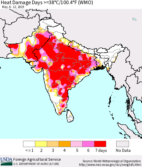 Southern Asia Heat Damage Days >=38°C/100.4°F (WMO) Thematic Map For 5/6/2019 - 5/12/2019