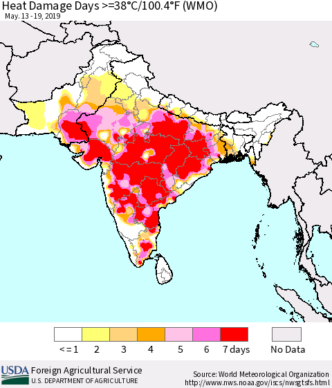 Southern Asia Heat Damage Days >=38°C/100.4°F (WMO) Thematic Map For 5/13/2019 - 5/19/2019