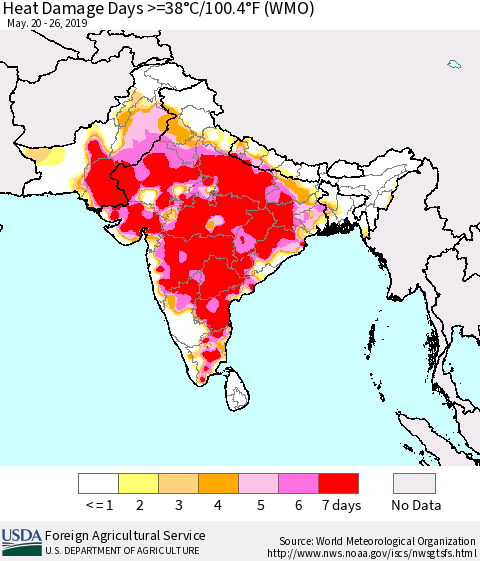 Southern Asia Heat Damage Days >=38°C/100.4°F (WMO) Thematic Map For 5/20/2019 - 5/26/2019