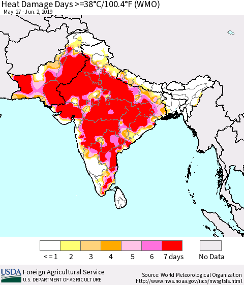 Southern Asia Heat Damage Days >=38°C/100.4°F (WMO) Thematic Map For 5/27/2019 - 6/2/2019