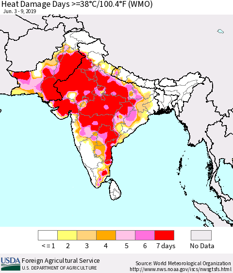 Southern Asia Heat Damage Days >=38°C/100°F (WMO) Thematic Map For 6/3/2019 - 6/9/2019