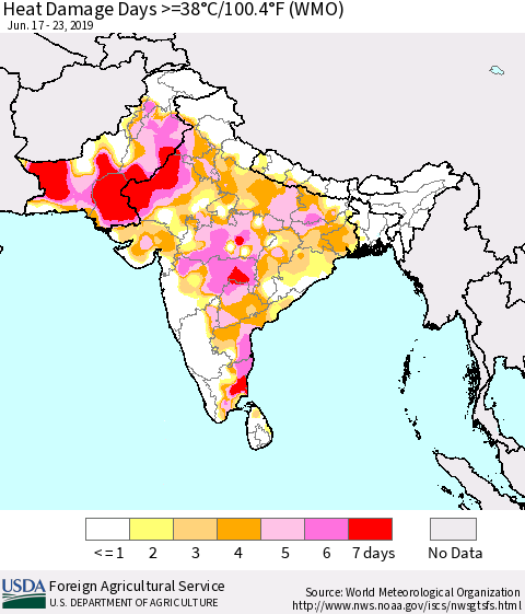 Southern Asia Heat Damage Days >=38°C/100.4°F (WMO) Thematic Map For 6/17/2019 - 6/23/2019