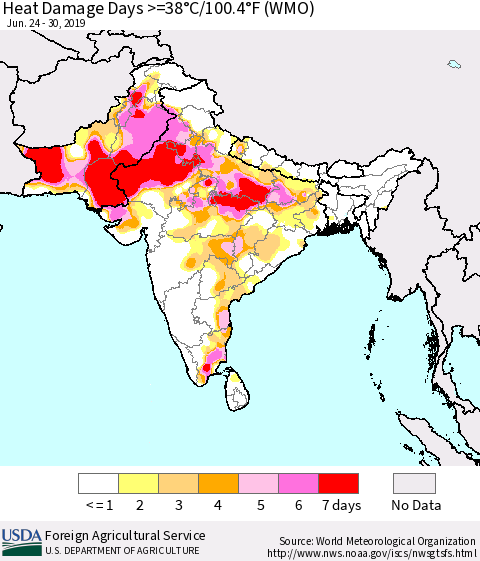 Southern Asia Heat Damage Days >=38°C/100°F (WMO) Thematic Map For 6/24/2019 - 6/30/2019