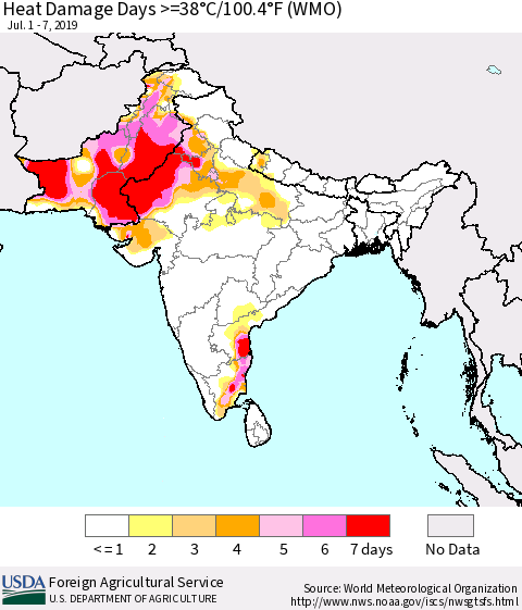 Southern Asia Heat Damage Days >=38°C/100°F (WMO) Thematic Map For 7/1/2019 - 7/7/2019
