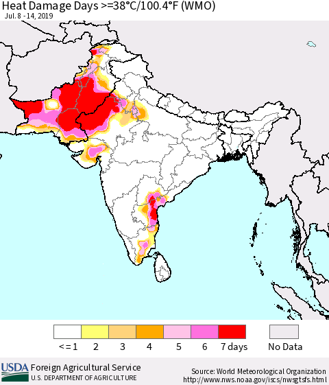 Southern Asia Heat Damage Days >=38°C/100.4°F (WMO) Thematic Map For 7/8/2019 - 7/14/2019