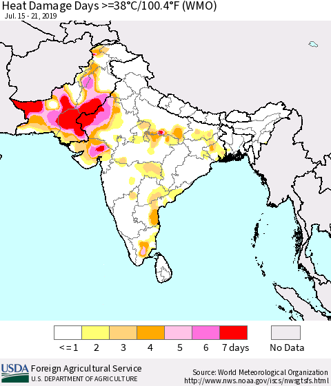 Southern Asia Heat Damage Days >=38°C/100.4°F (WMO) Thematic Map For 7/15/2019 - 7/21/2019