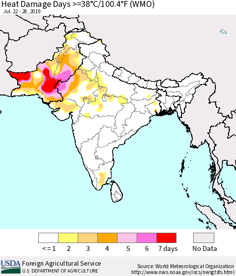 Southern Asia Heat Damage Days >=38°C/100.4°F (WMO) Thematic Map For 7/22/2019 - 7/28/2019