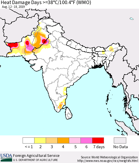 Southern Asia Heat Damage Days >=38°C/100°F (WMO) Thematic Map For 8/12/2019 - 8/18/2019