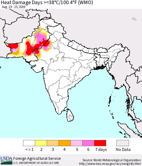 Southern Asia Heat Damage Days >=38°C/100.4°F (WMO) Thematic Map For 8/19/2019 - 8/25/2019