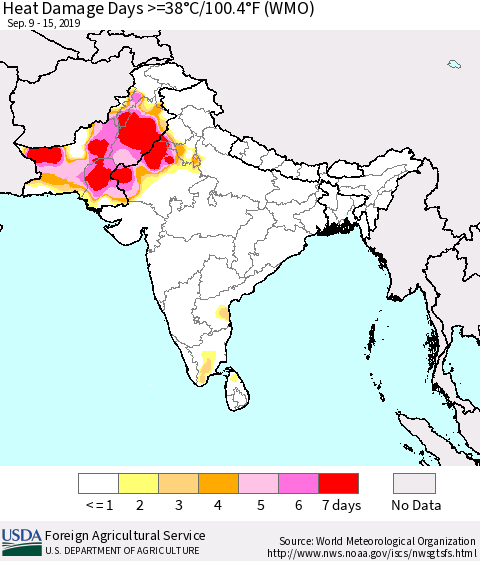 Southern Asia Heat Damage Days >=38°C/100.4°F (WMO) Thematic Map For 9/9/2019 - 9/15/2019