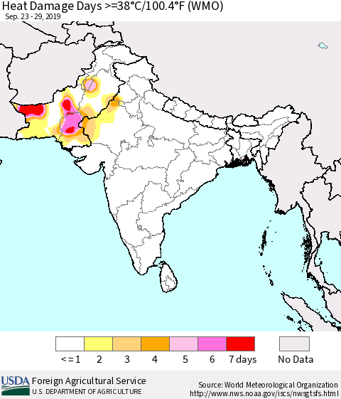 Southern Asia Heat Damage Days >=38°C/100.4°F (WMO) Thematic Map For 9/23/2019 - 9/29/2019