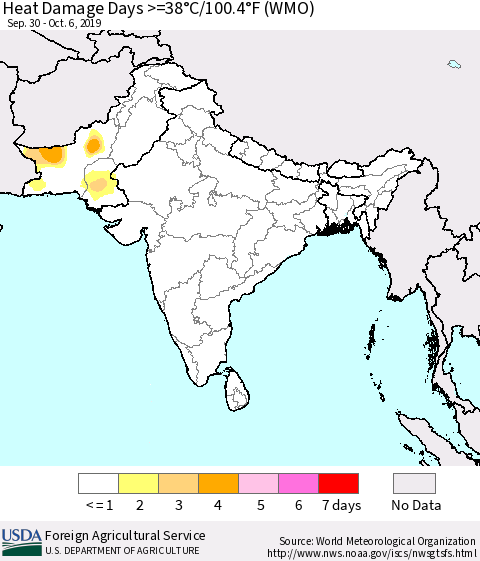Southern Asia Heat Damage Days >=38°C/100.4°F (WMO) Thematic Map For 9/30/2019 - 10/6/2019