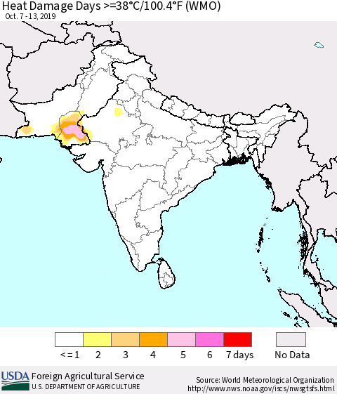 Southern Asia Heat Damage Days >=38°C/100.4°F (WMO) Thematic Map For 10/7/2019 - 10/13/2019