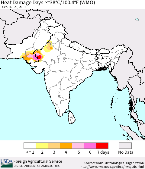 Southern Asia Heat Damage Days >=38°C/100°F (WMO) Thematic Map For 10/14/2019 - 10/20/2019