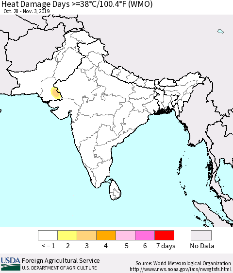 Southern Asia Heat Damage Days >=38°C/100°F (WMO) Thematic Map For 10/28/2019 - 11/3/2019