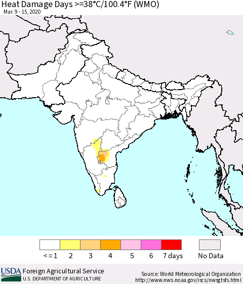 Southern Asia Heat Damage Days >=38°C/100°F (WMO) Thematic Map For 3/9/2020 - 3/15/2020