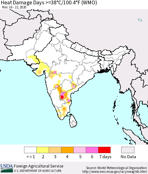 Southern Asia Heat Damage Days >=38°C/100.4°F (WMO) Thematic Map For 3/16/2020 - 3/22/2020