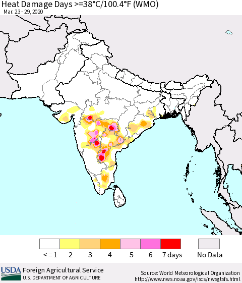 Southern Asia Heat Damage Days >=38°C/100.4°F (WMO) Thematic Map For 3/23/2020 - 3/29/2020