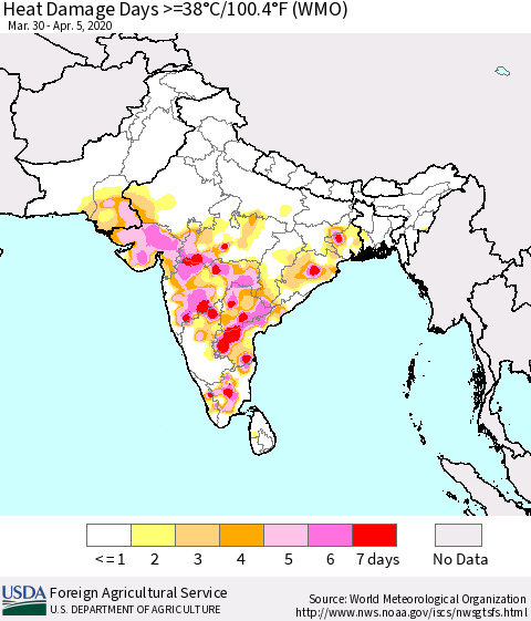 Southern Asia Heat Damage Days >=38°C/100.4°F (WMO) Thematic Map For 3/30/2020 - 4/5/2020