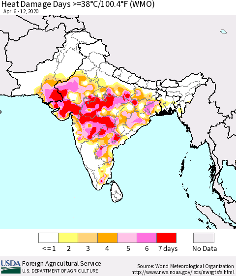 Southern Asia Heat Damage Days >=38°C/100°F (WMO) Thematic Map For 4/6/2020 - 4/12/2020