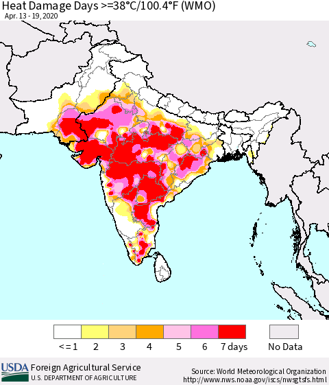 Southern Asia Heat Damage Days >=38°C/100.4°F (WMO) Thematic Map For 4/13/2020 - 4/19/2020